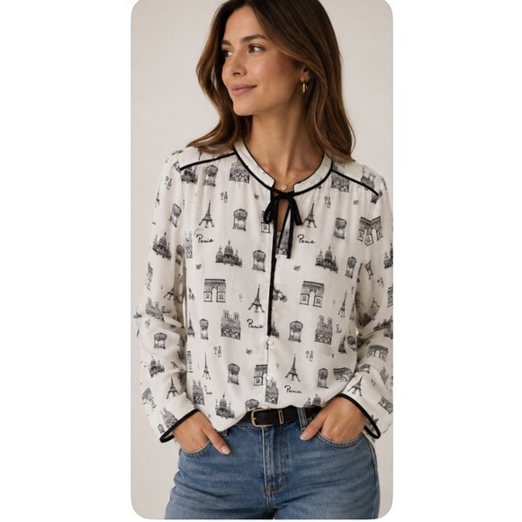 Talbots Tops - Talbots Paris Print Blouse Women's L Petite Bow Tie Career Preppy French